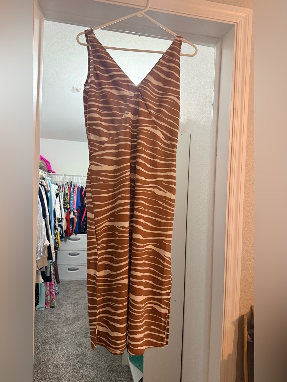 a new day Satin Brown and White Striped Midi Dress
